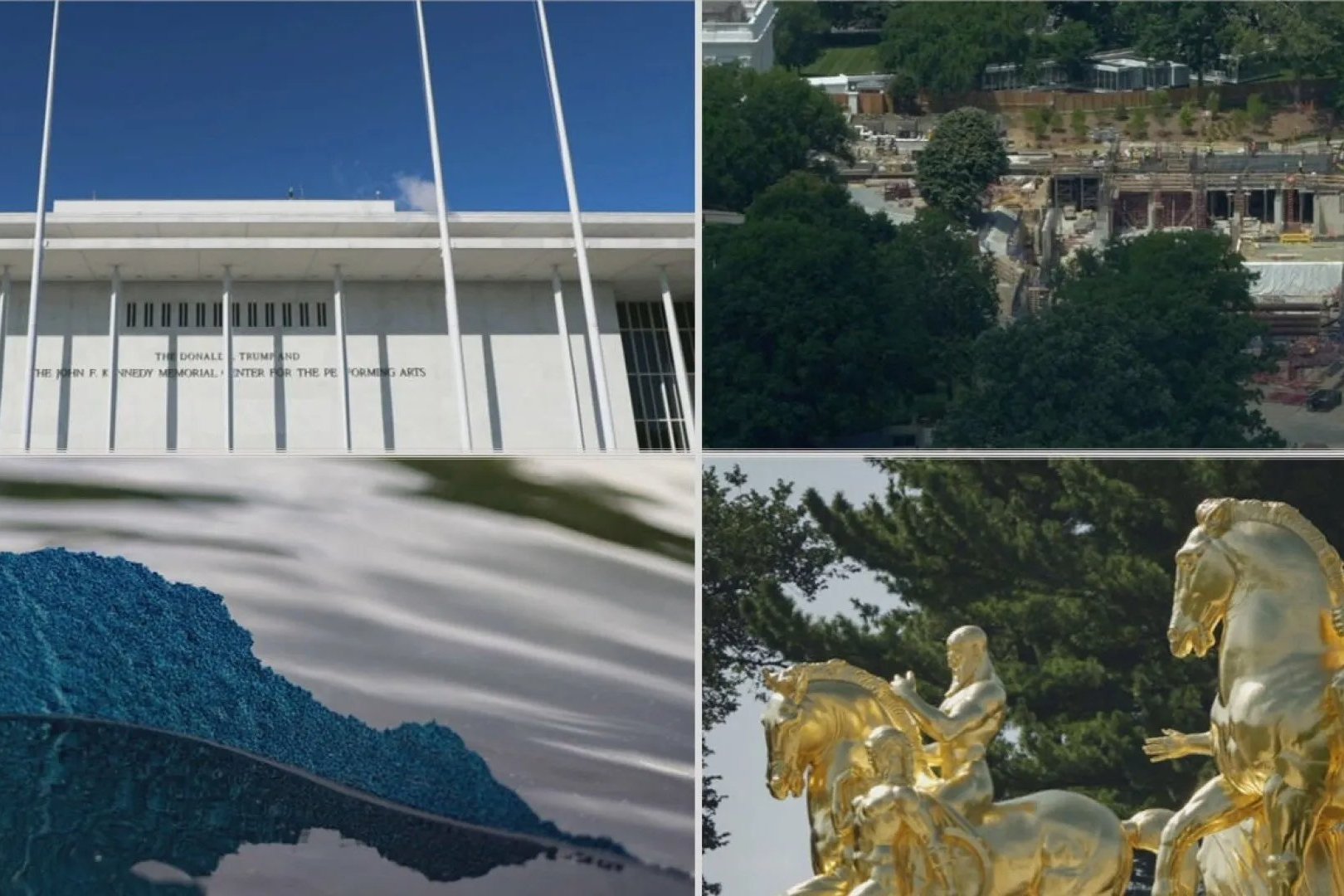 Images in a collage of the Kennedy Center, White House construction and golden statues of men riding horses. 