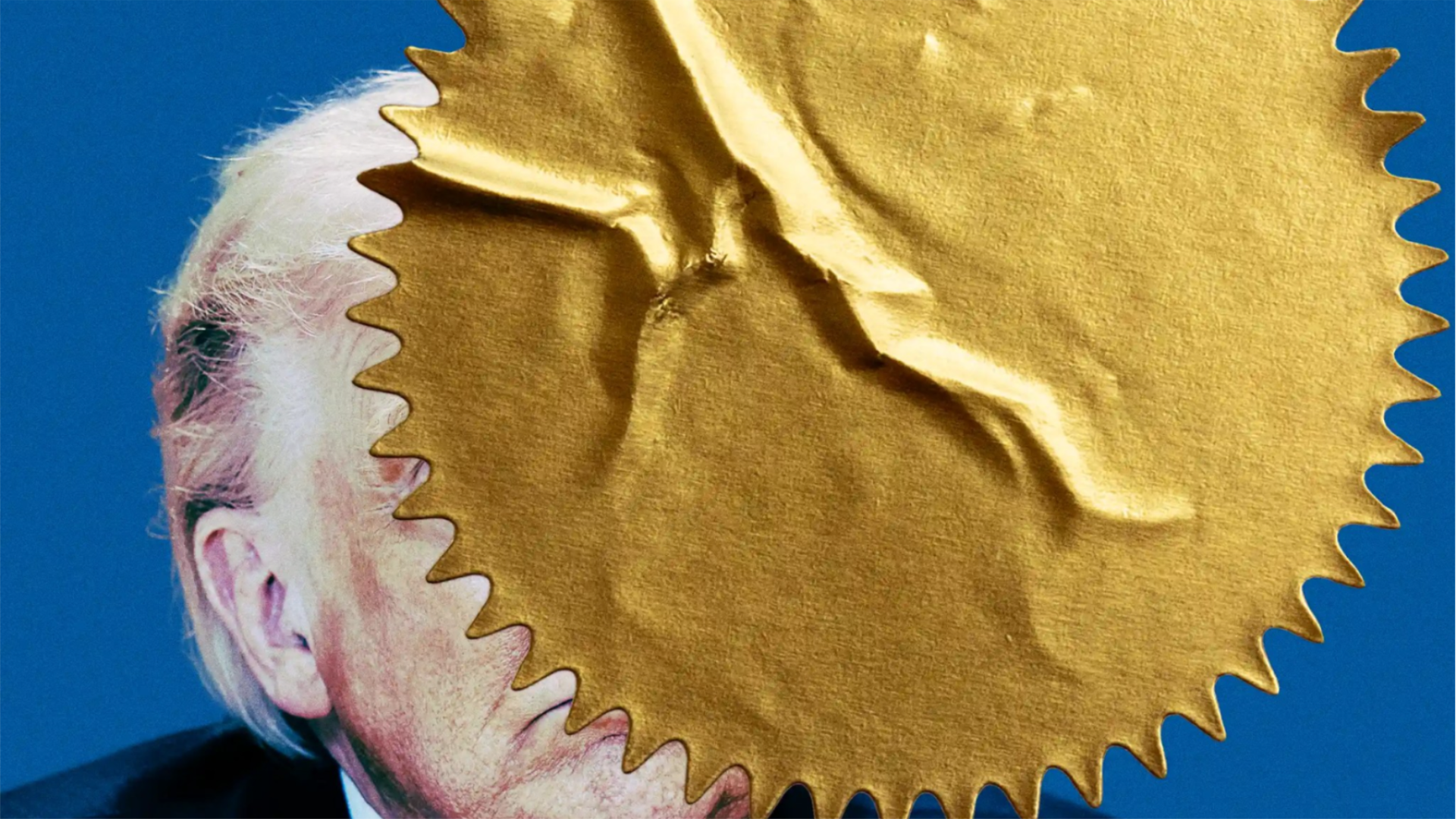 An illustration of a gold sticker on Trump’s face