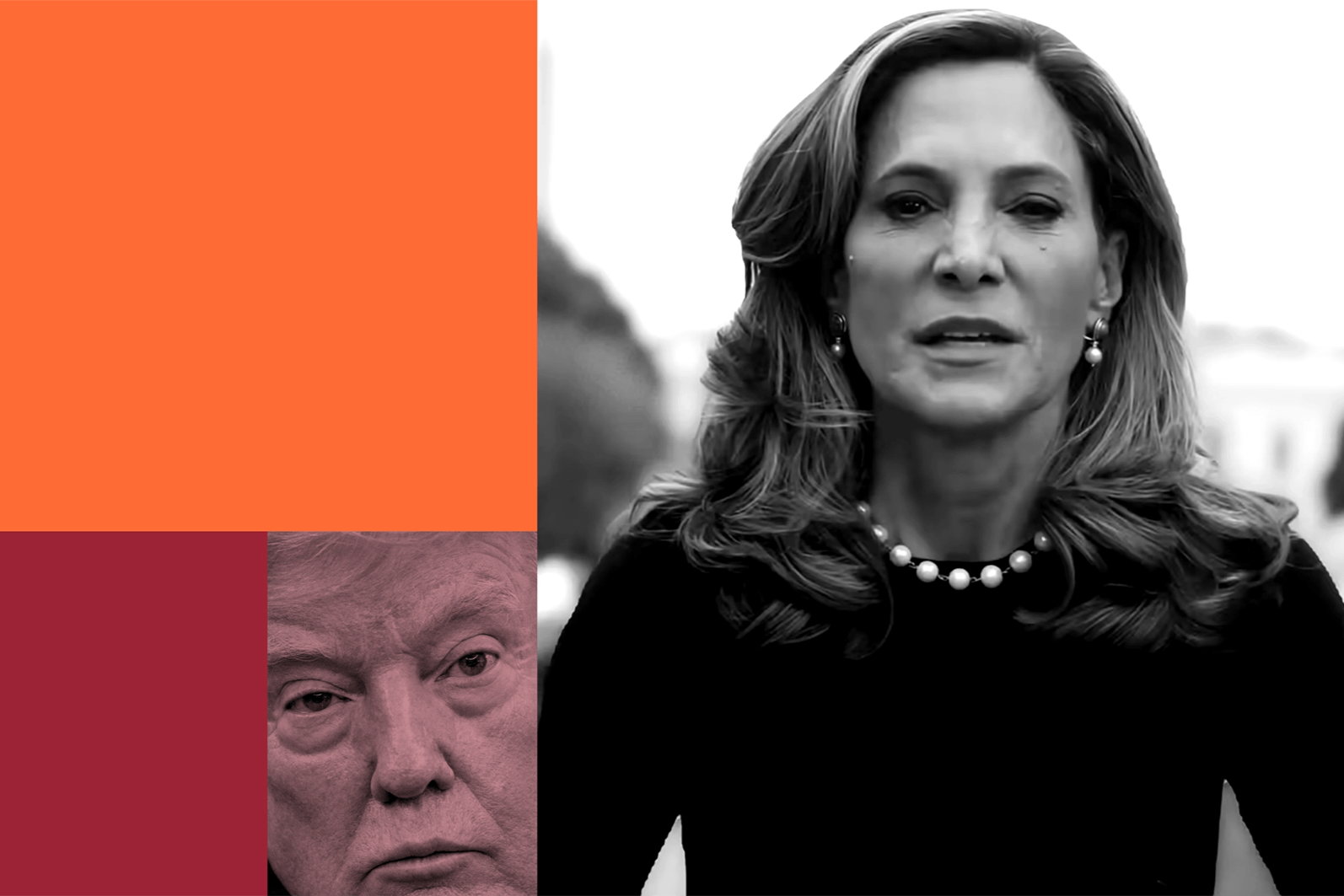 This split illustration shows a large image of Salazar on the right and a small image of Donald Trump on the left below red and orange color blocks.