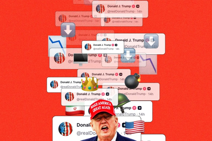 Photoillustration of Donald Trump in a red “Make America Great Again” hat surrounded by repeated social media posts bearing his name and handle, along with U.S. and Iranian flags, downward-trending charts, download icons, a crown and a bomb.