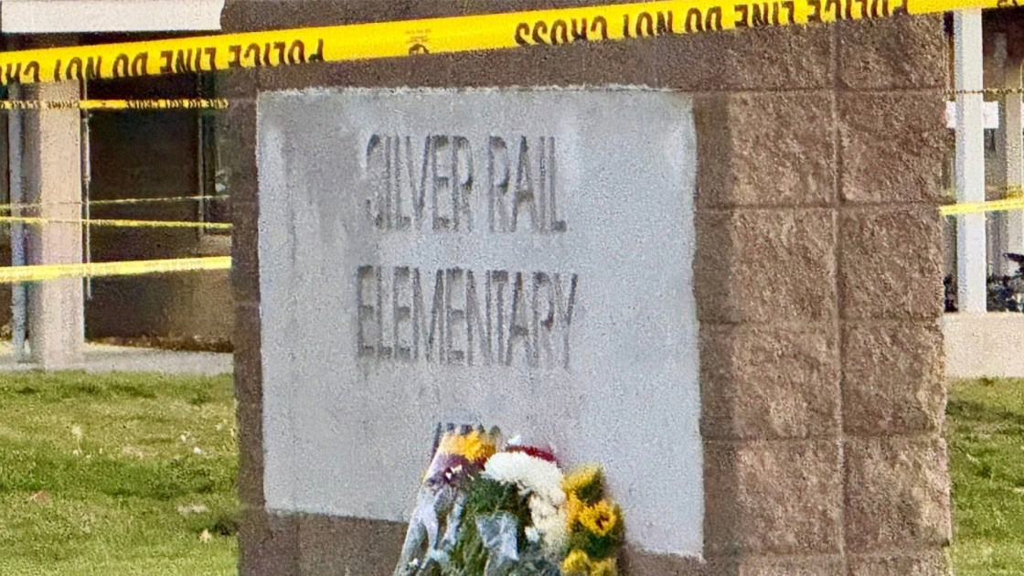 A memorial in front of the Silver Rail Elementary School entrance
