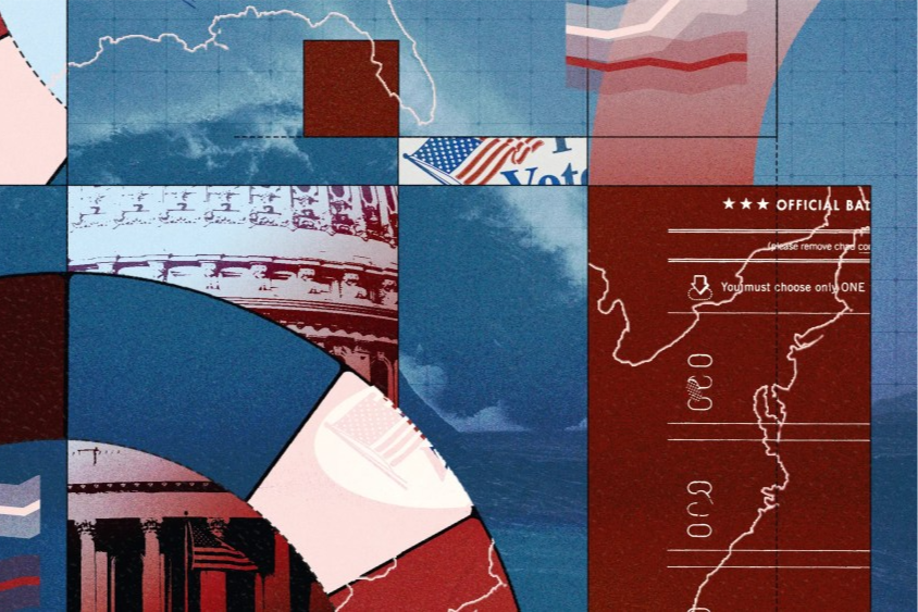 Photoillustration of charts, maps and voting assets atop a blue wave background.