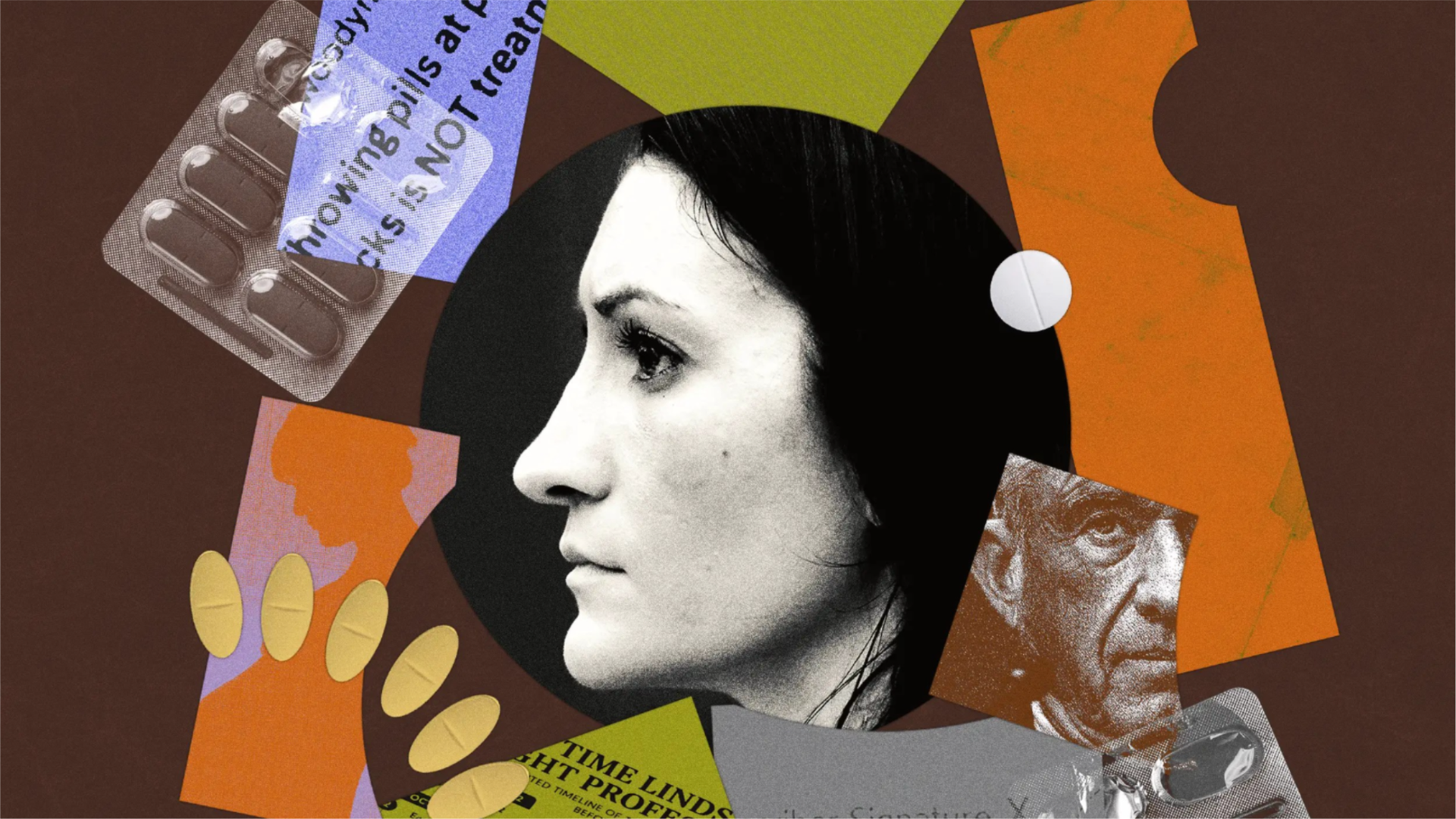 Photoillustration of Lindsay Clancy in profile surrounded by Robert F. Kennedy, Jr., antidepressant pills, blister packs and clipped medical documents.