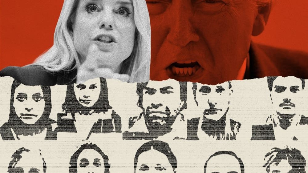 A photo illustration of Pam Bondi, President Donald Trump and the Prairieland protestors