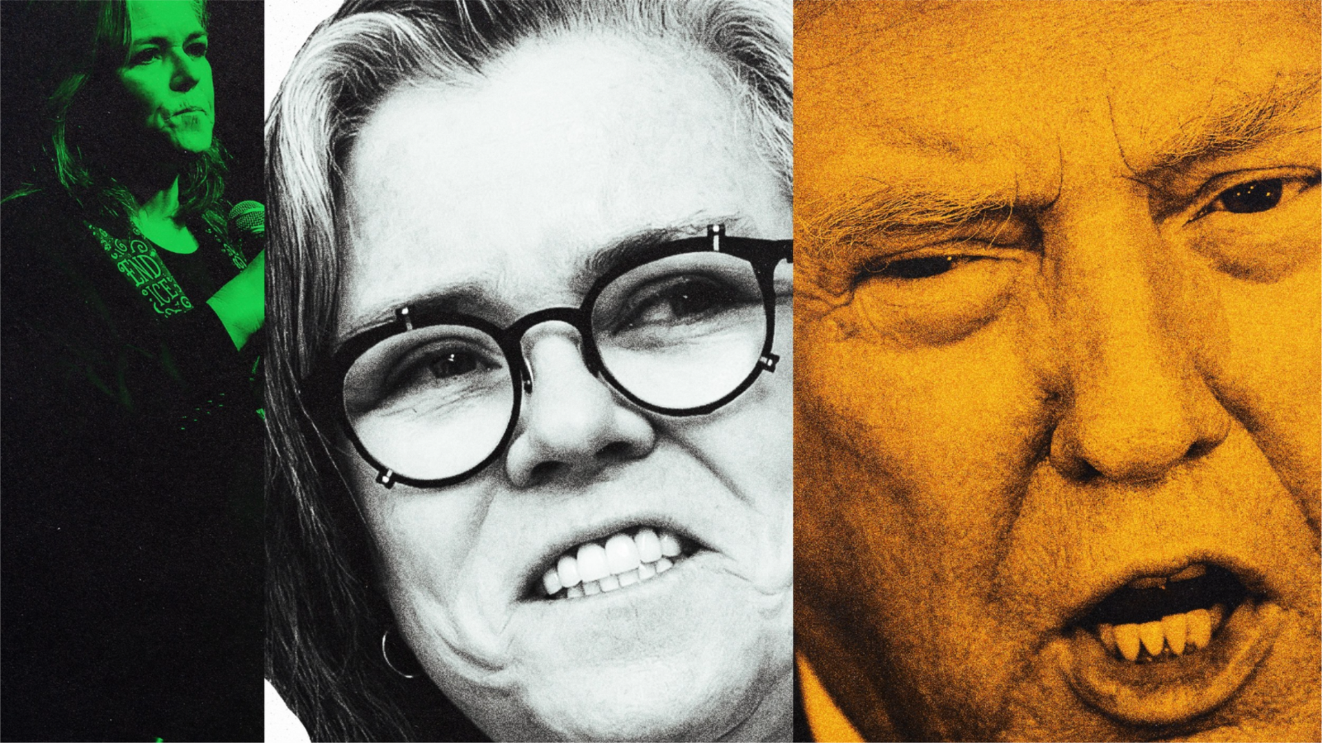 Rosie O'Donnell appears beside Donald Trump in an illustration about her return to New York and their long-running feud.