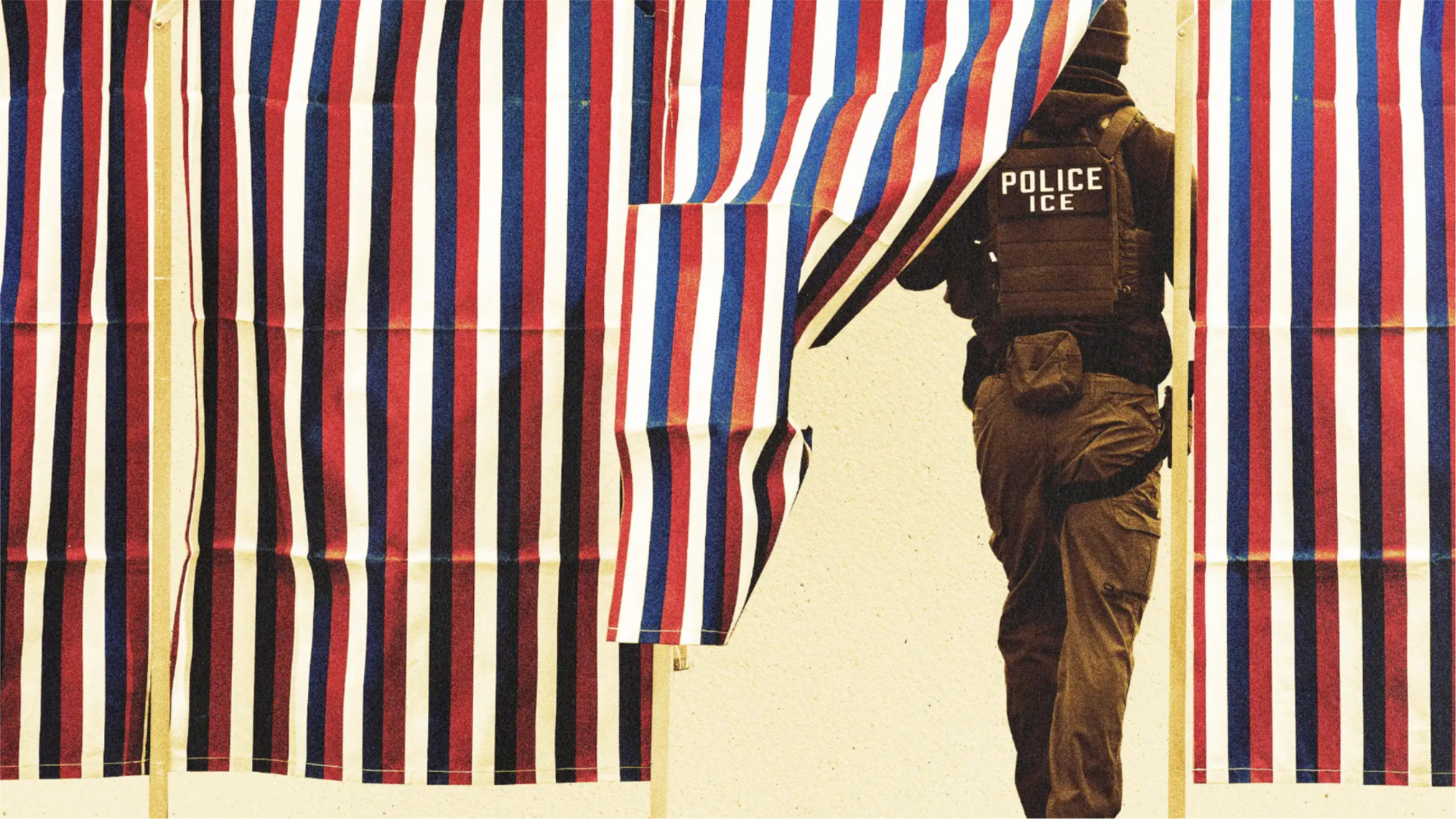 ICE agent stands near red, white and blue polling booth curtains in an illustration about voter intimidation concerns raised by Nevada Secretary of State Cisco Aguilar.