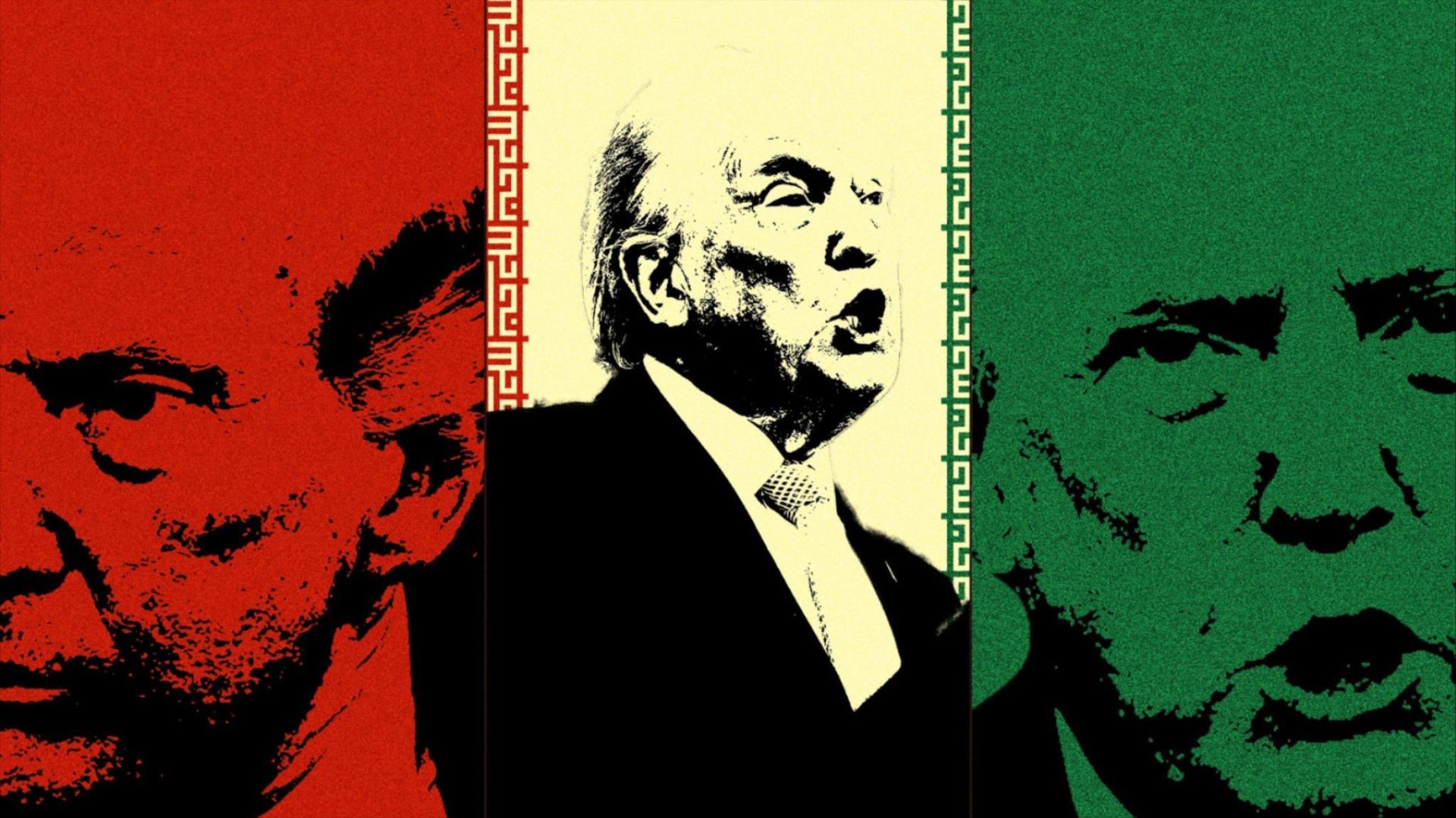 Photoillustration of a central portrait of Donald Trump speaking, flanked by two more images of Donald Trump on red and green backgrounds with borders of the Iranian flag.