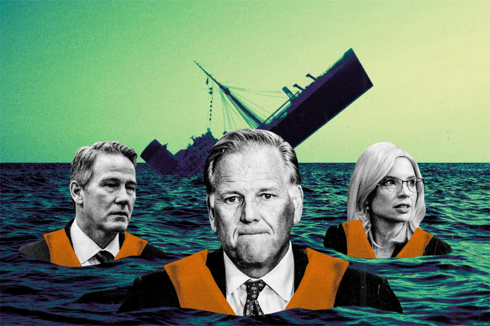 Jon Husted, Mike Rogers and Ashley Hinson appear in life jackets before a sinking ship in an illustration about Republican politics.