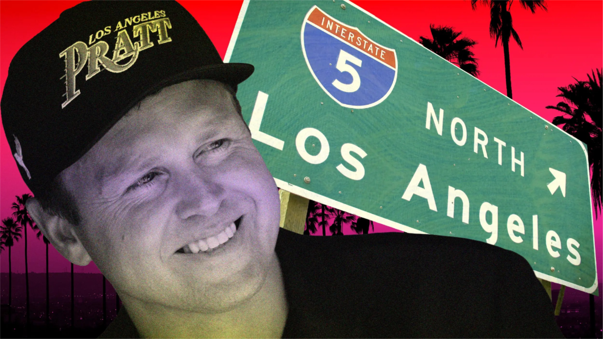 Spencer Pratt in front of a sign for Interstate 5 north to Los Angeles