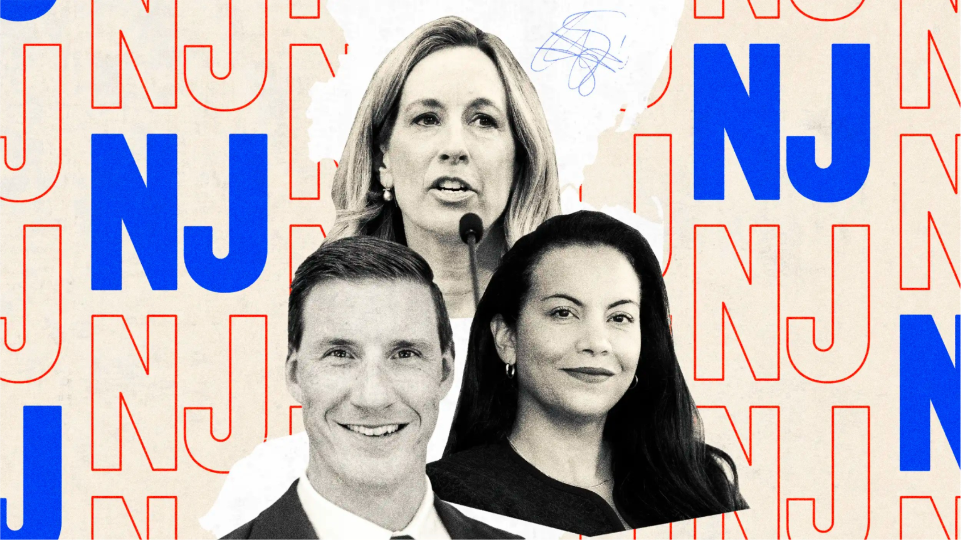 Photo illustration of Democrat Analilia Mejia, Republican Randolph Township Mayor Joe Hathaway and Gov. Mikie Sherrill