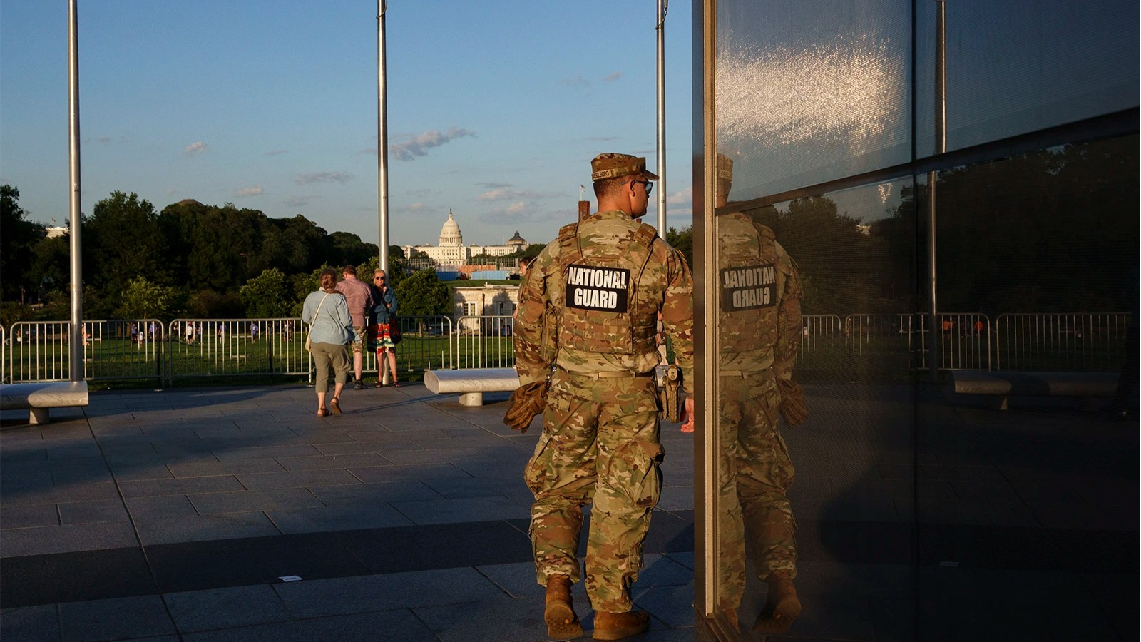 A member of the National Guard stands on the National Mall on May 28, 2026, in Washington, D.C