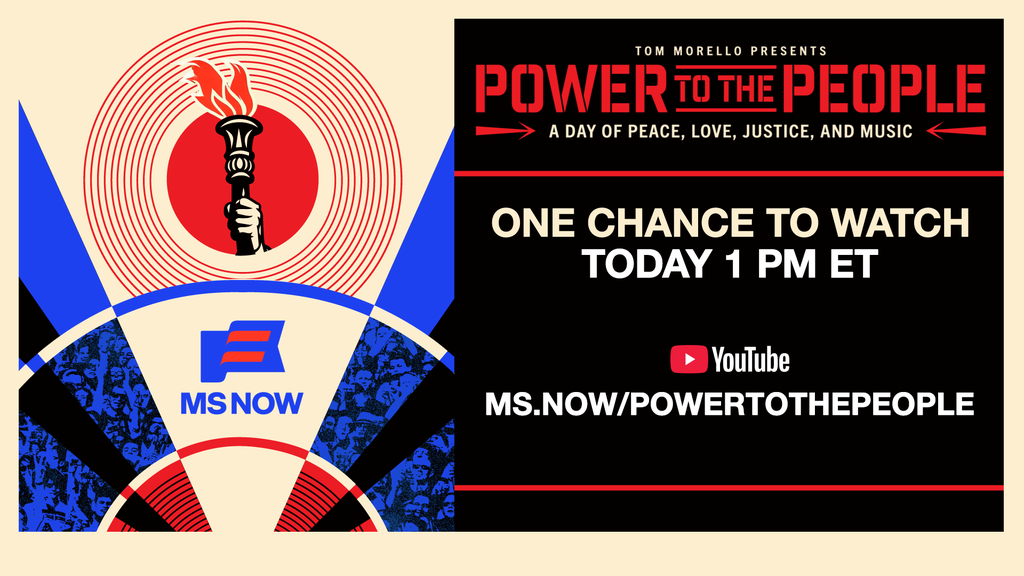 A graphic announcing “power to the people” at 1pm next to a logo with a burning torch