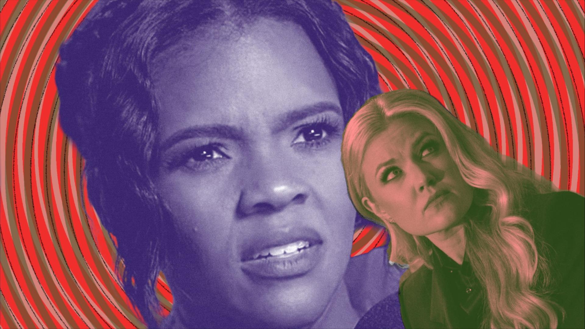 A collage of Candace Owens looking conspiratorially at Erika Kirk