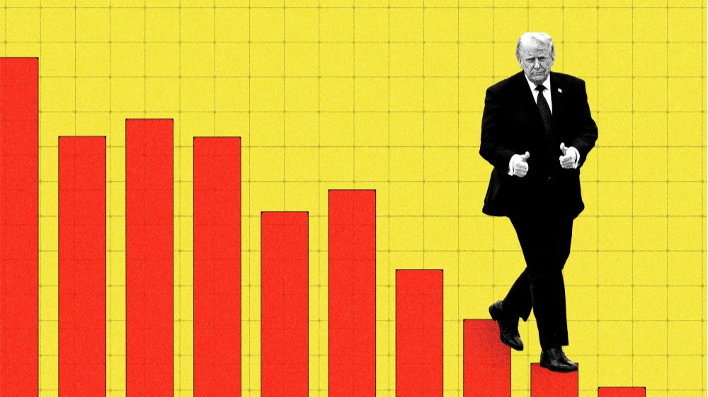 Photoillustration of Donald Trump giving two thumbs up while stepping across descending red bar-chart columns on a yellow grid background.