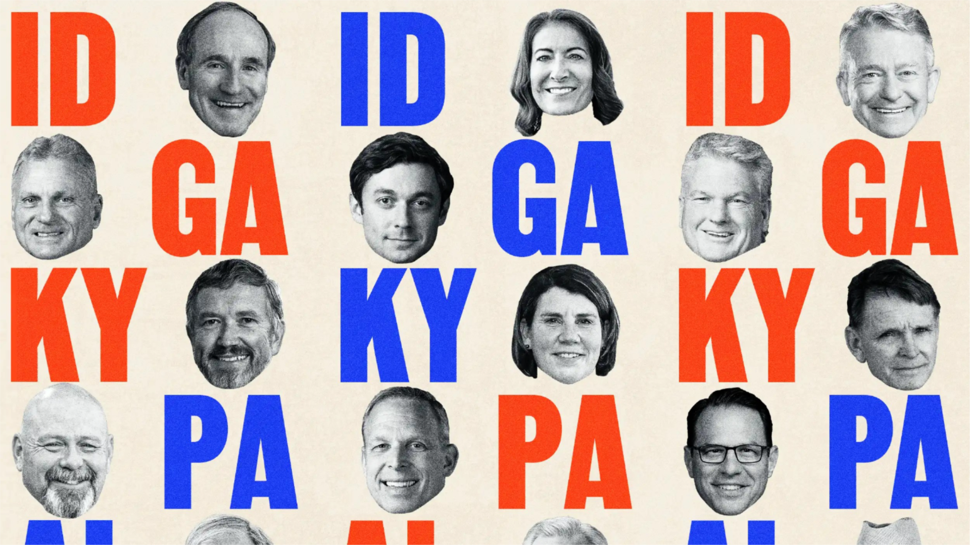 A campaign-style graphic shows candidate headshots alongside state abbreviations for Idaho, Georgia, Kentucky, Pennsylvania and Alabama