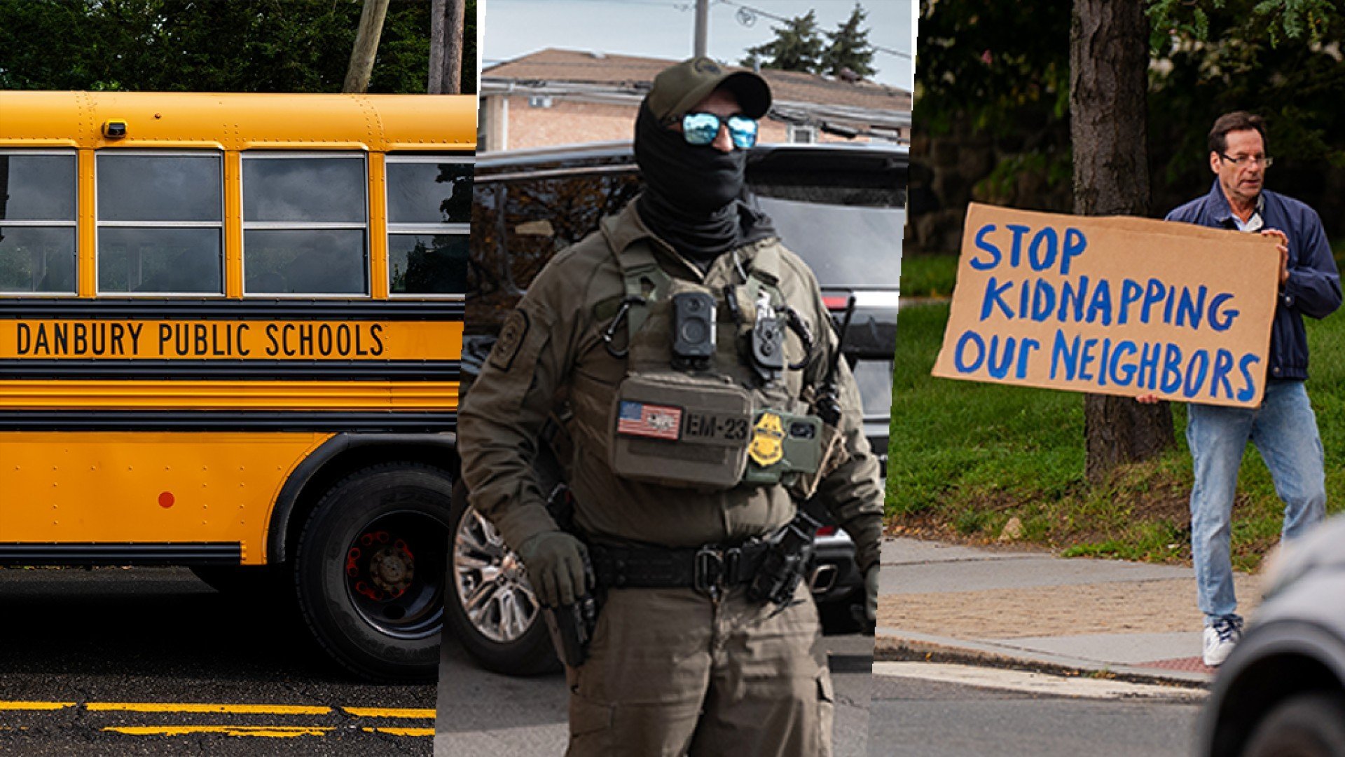 School bus, ICE agent, protester 