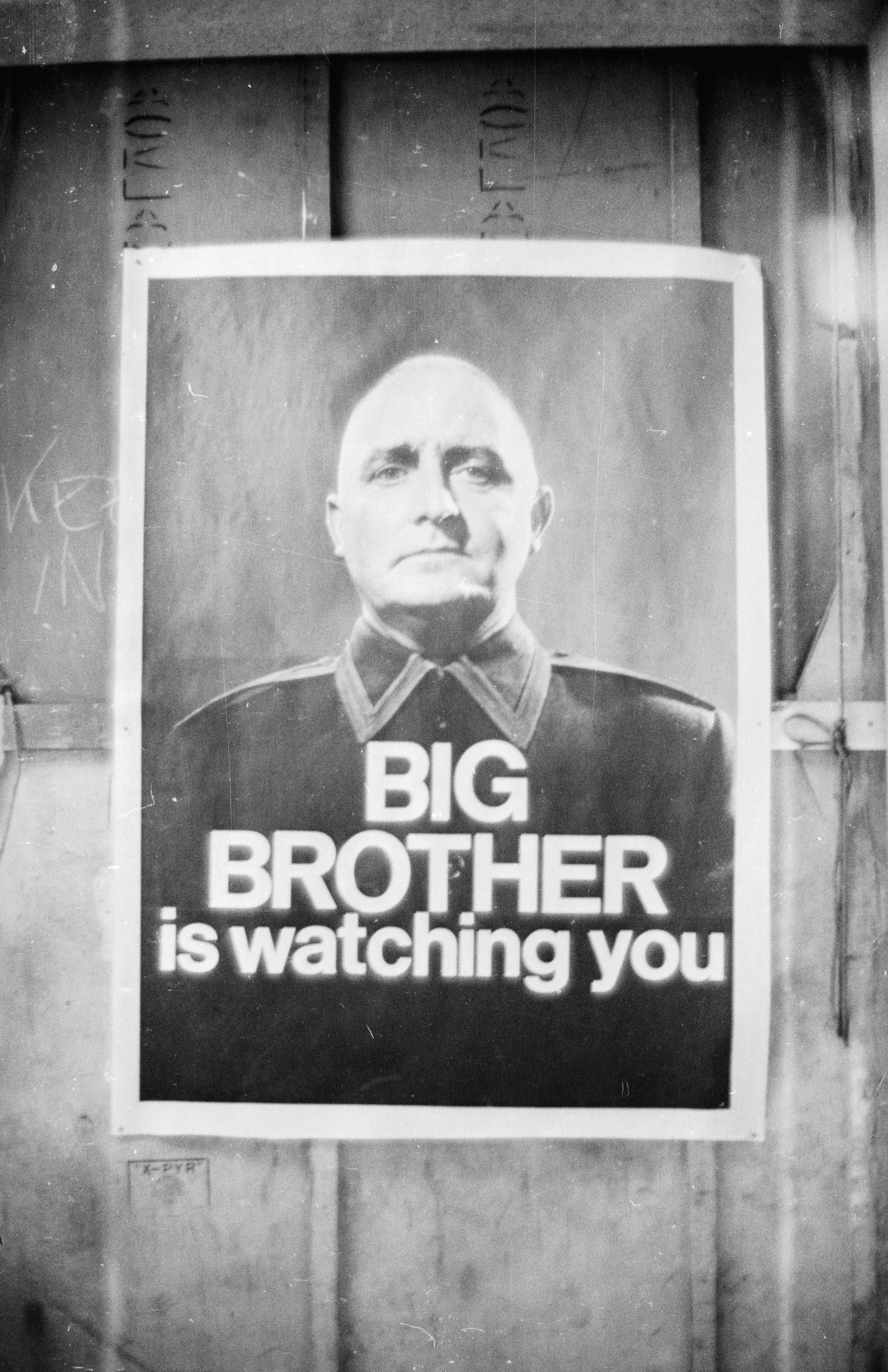A poster with the famous words “Big Brother is Watching You” from a BBC TV production of George Orwell’s classic novel “1984.”