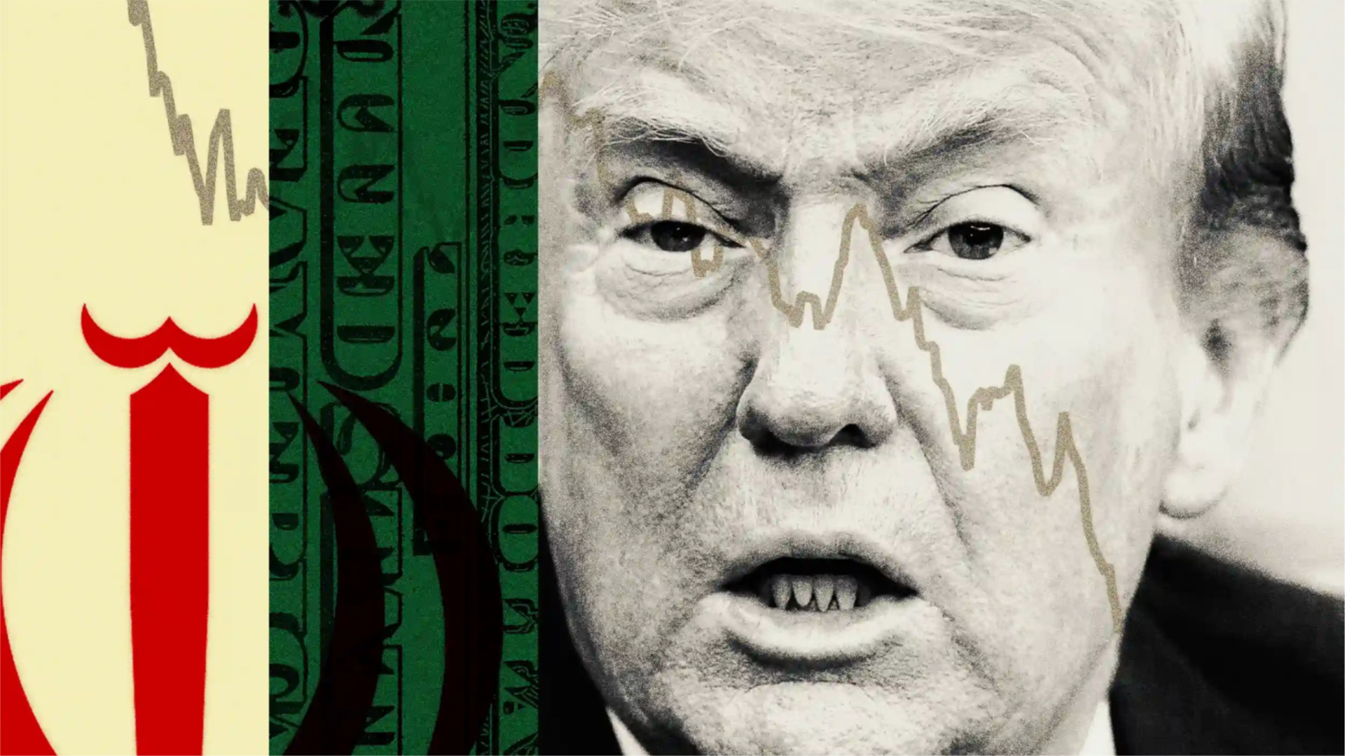 Photoillustration split of Donald Trump, a hundred dollar bill and the seal of Iran.