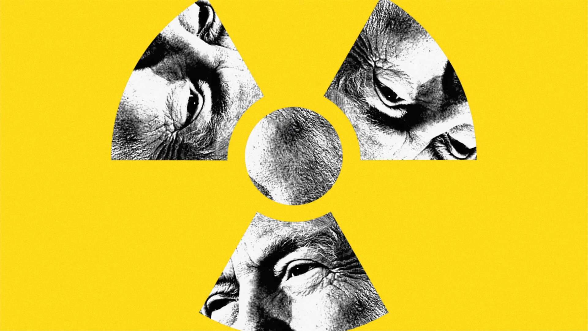 Photoillustration of Donald Trump's face fragmented inside a radiation warning symbol on a bright yellow background.