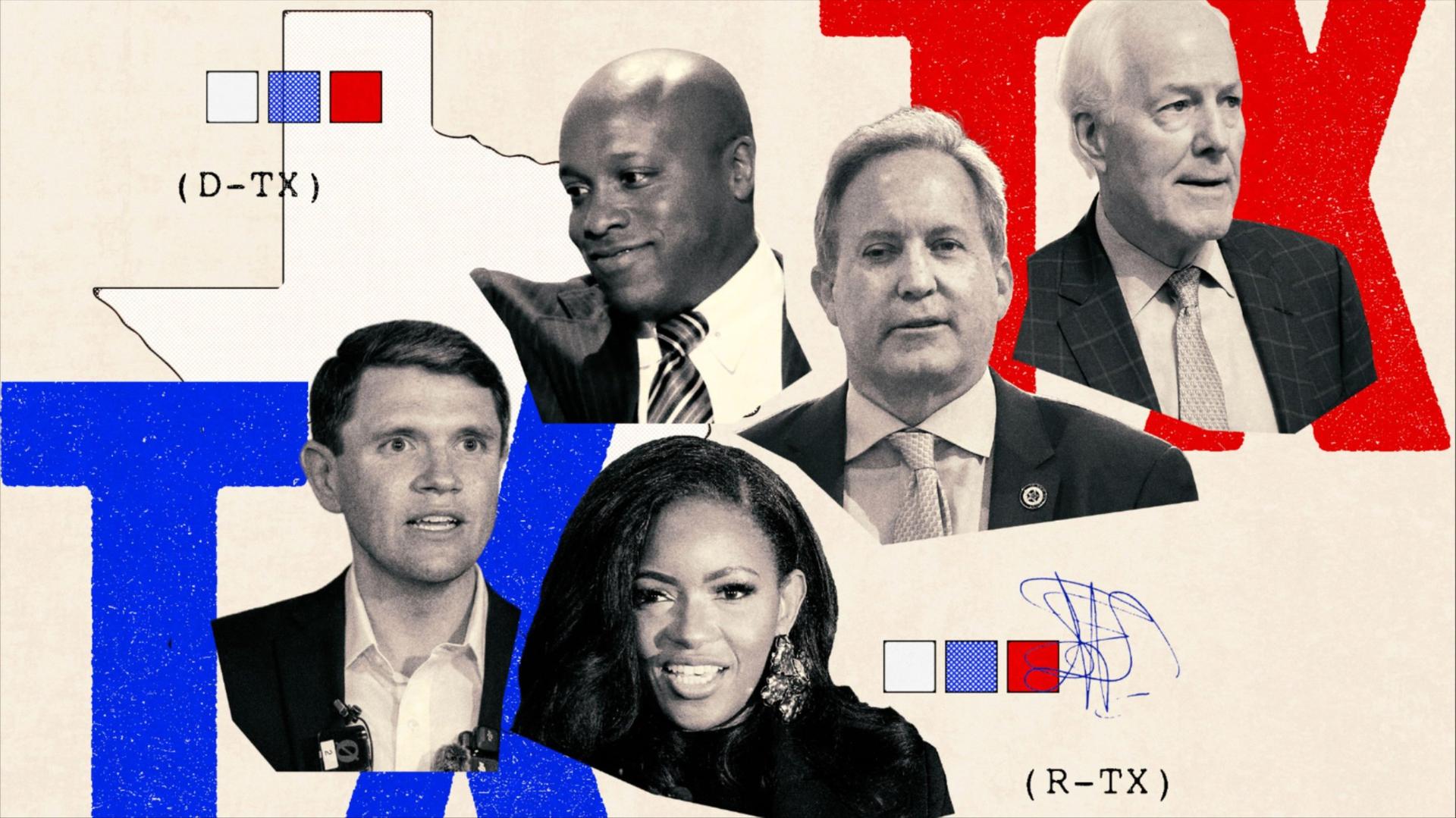 Photo illustration of Jasmine Crockett, James Talarico, John Cornyn, Ken Paxton and Wesley Hunt overlaid on collage assets of Texas