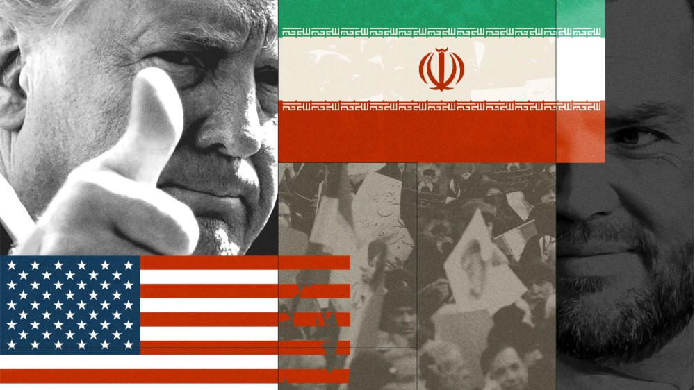 Photo illustration of Trump, JD Vance, a crowd of posters overlayed by the Iranian and American flags