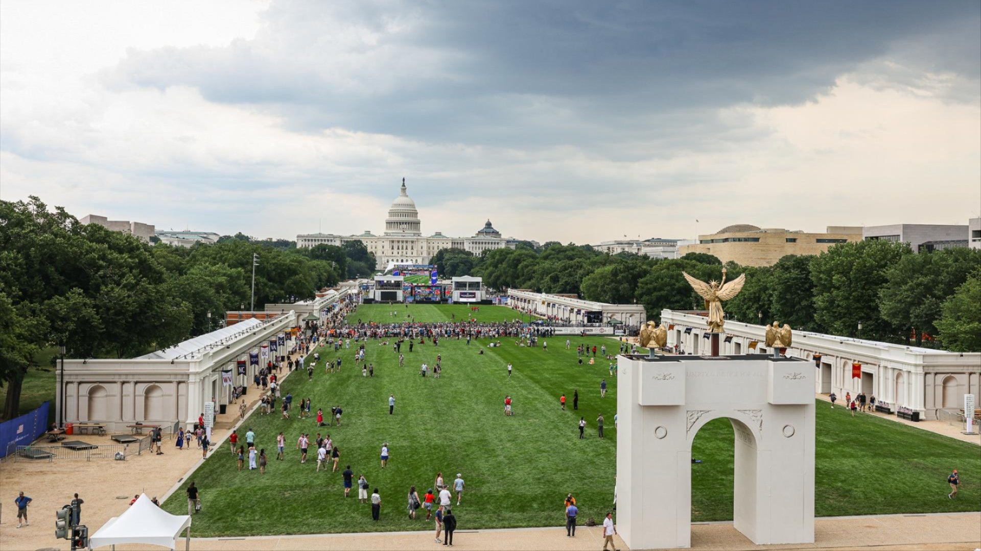 The US Capitol past a replica of US President Donald Trump's planned Triumphal Arch at the Great American State Fair on the National Mall in Washington, DC, US, on Friday, June 26, 2026.