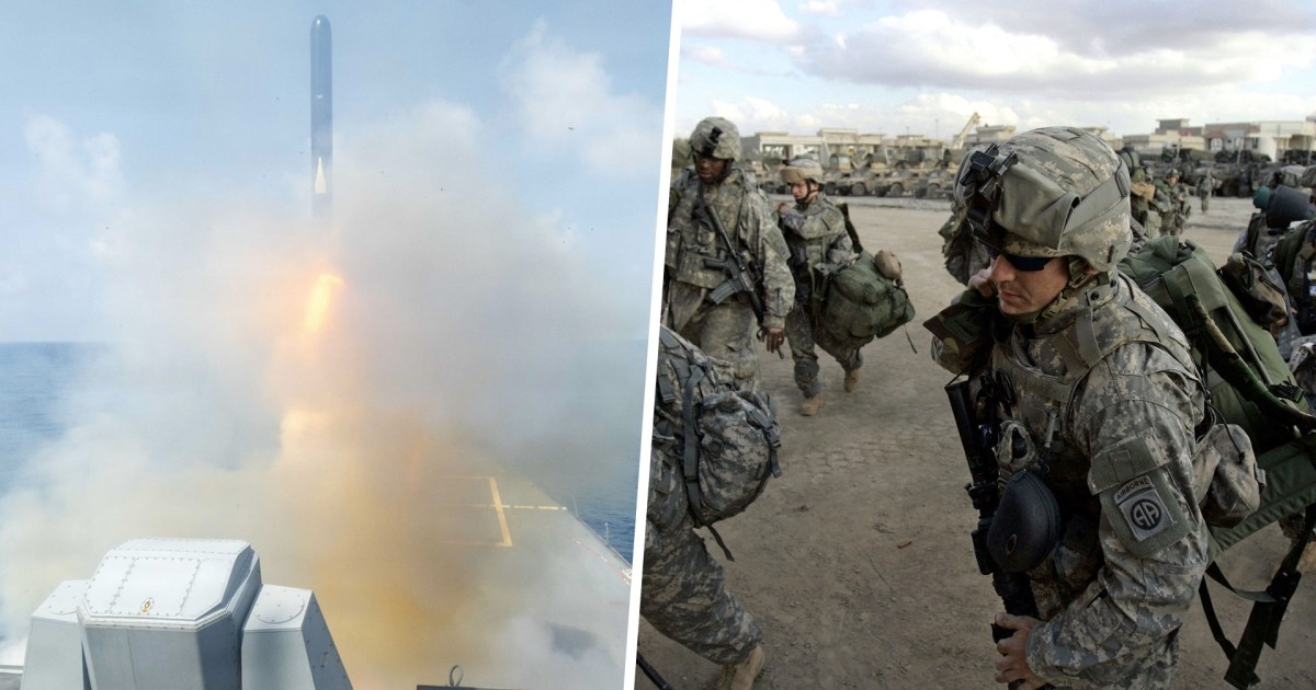 A diptych of a missile firing and service members