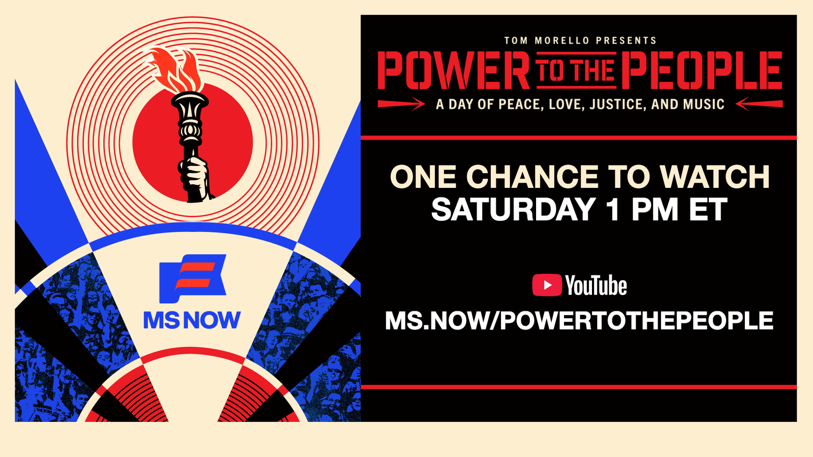 A graphic announcing “power to the people” at 1pm next to a logo with a burning torch