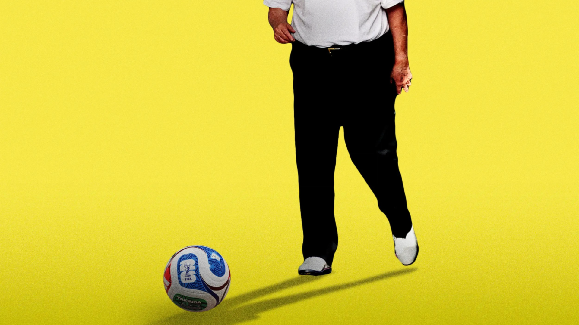 Photoillustration of Donald Trump in a white polo shirt approaching a FIFA soccer ball against a bright yellow background.