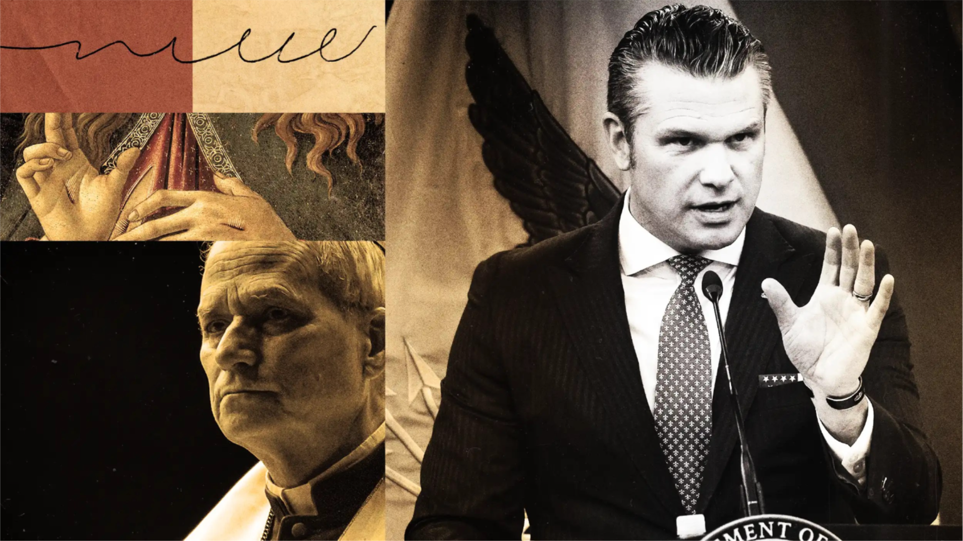 A photo collage depicting Pope Leo XIV and Pete Hegseth