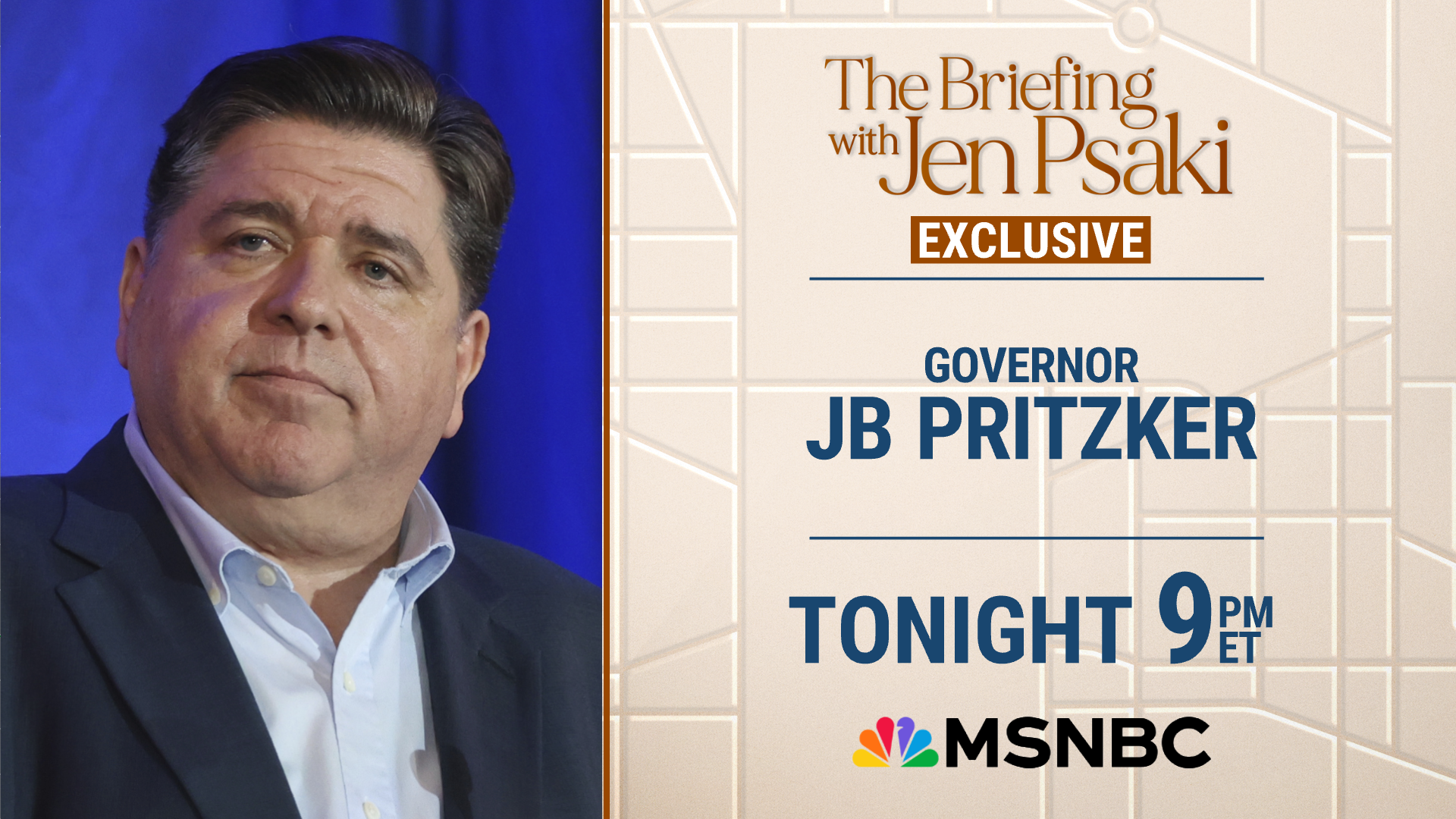 Graphic promoting Jen Psaki's interview with Gov. JB Pritzker