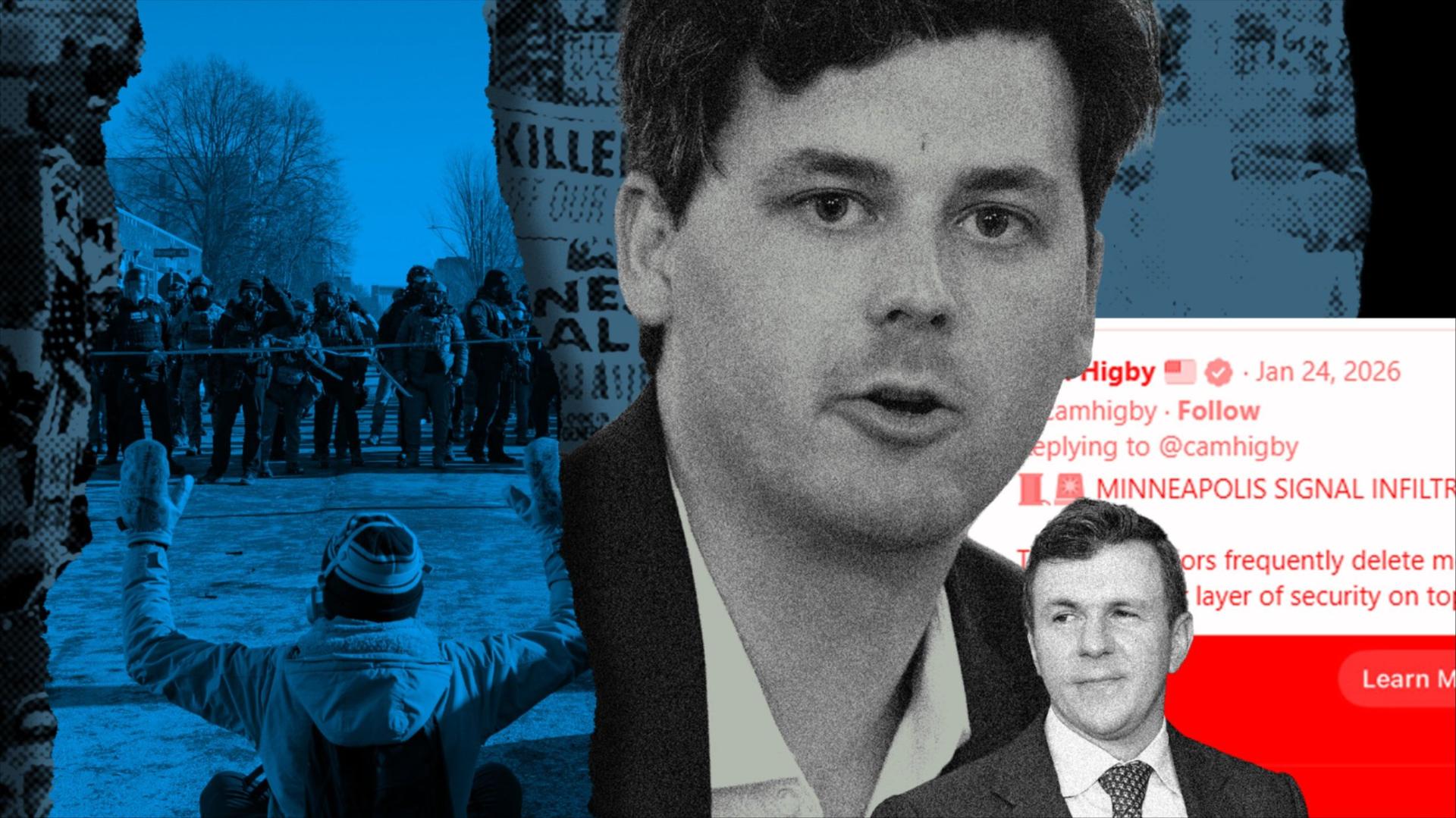 Graphic featuring Cam Higby and James O'Keefe