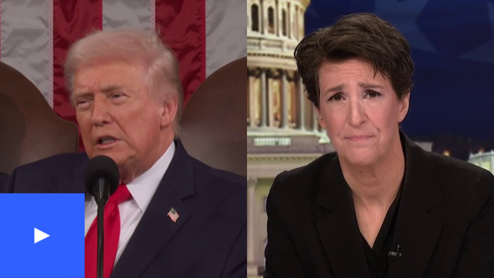A photo of  an image split between a photo of Trump and Rachel Maddow