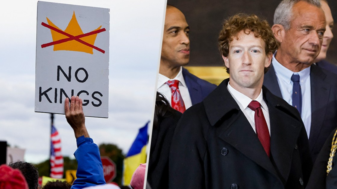 Protest sign, Mark Zuckerberg and Trump Cabinet officials