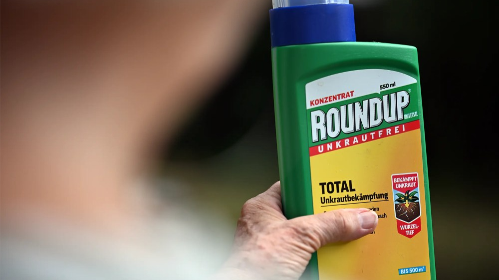A woman in her garden holds a bottle of the weed killer Roundup.