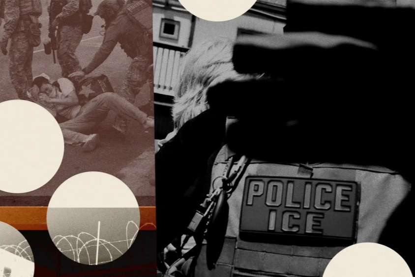 Photoillustration of an ICE officer in tactical gear beside an image of police detaining a person, with razor wire and abstract circular shapes in the background.