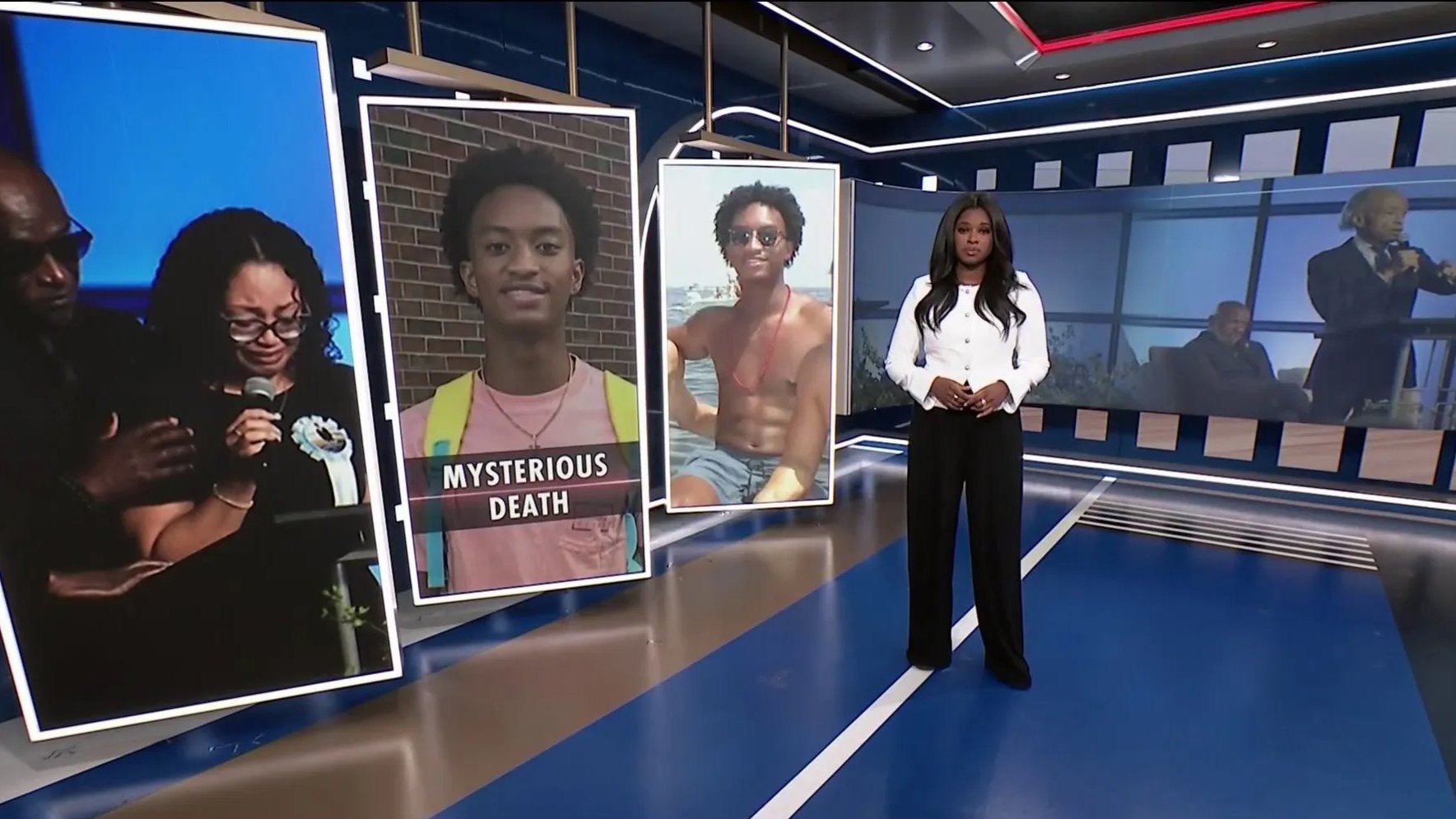 MS NOW reporter Britt Miller alongside photos of Nolan Wells and his grieving mother