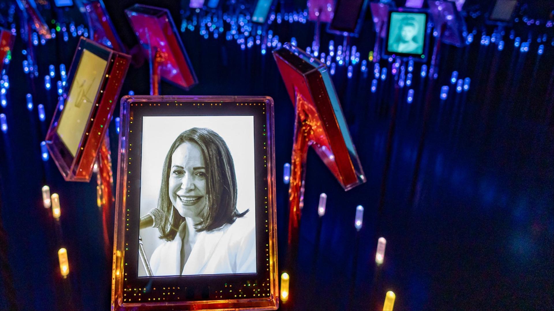 A picture of Nobel Peace Prize laureate Maria Corina Machado is seen among portraits of previous winners.