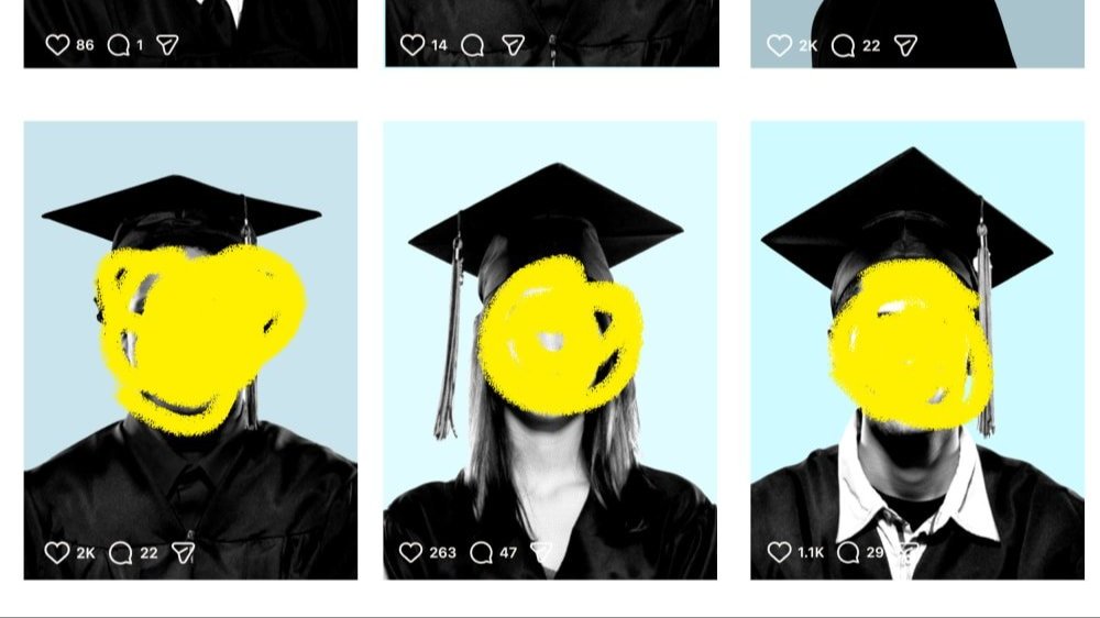 Graphic showing students in graduation caps on an Instagram timeline