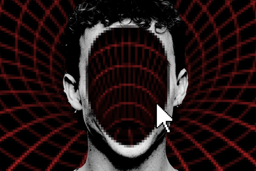Photoillustration of a man whose face is obscured by a pixelated red network pattern, with a large computer cursor over his cheek.