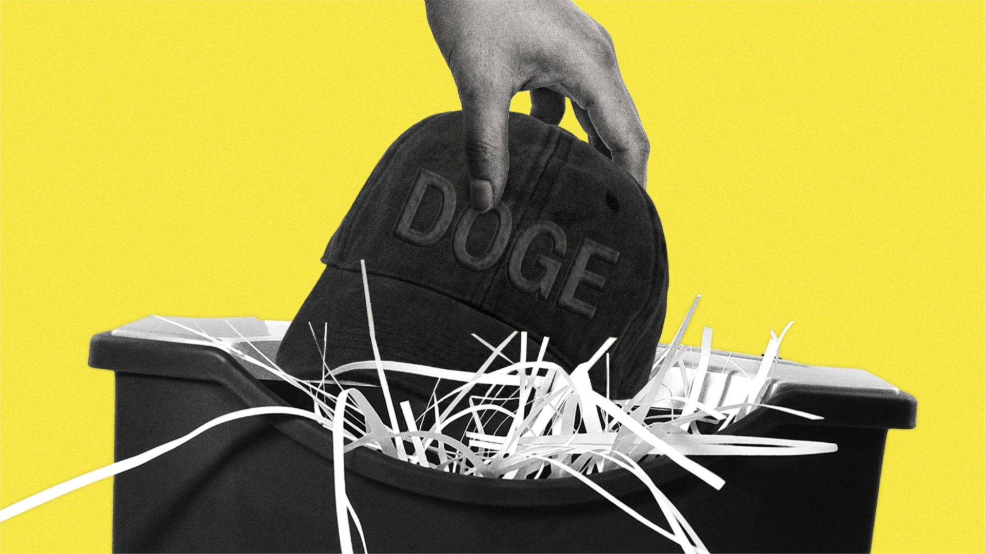 Photoillustration of a hand dropping a DOGE hat into a paper shredder on a green background.