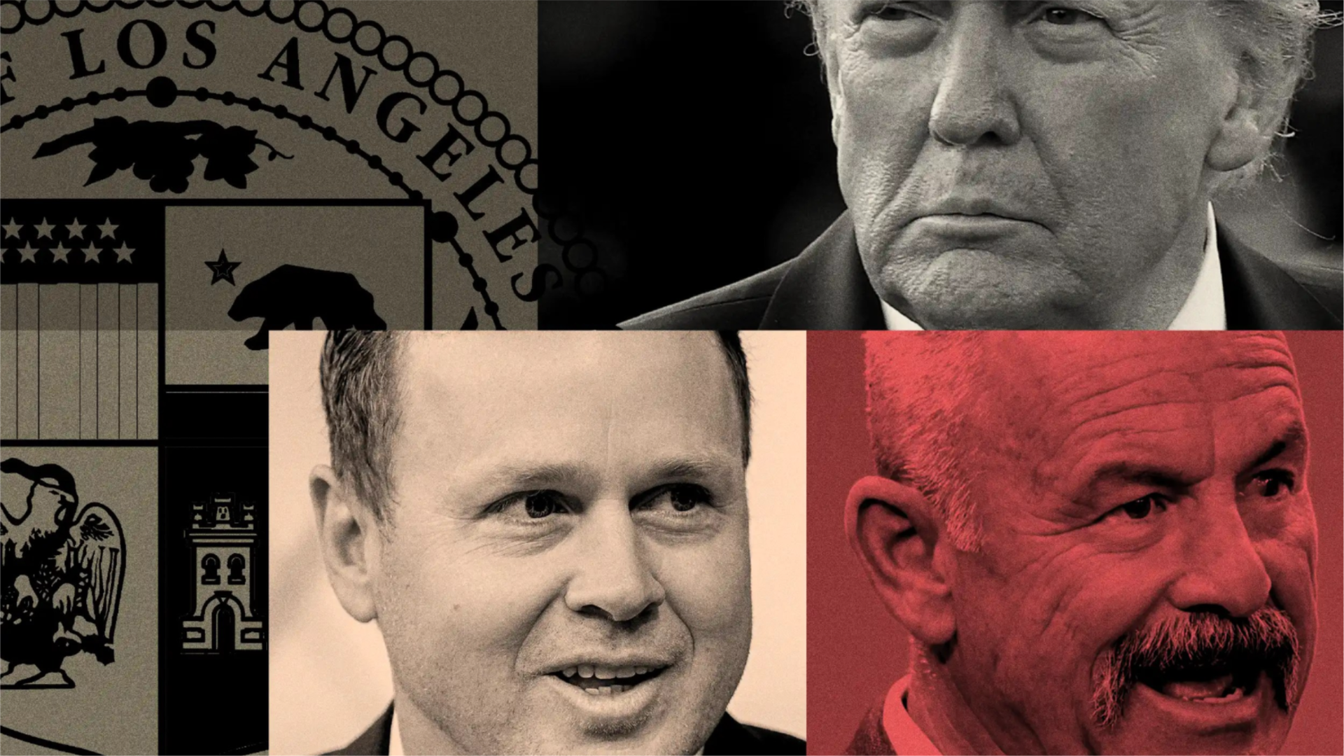Photo illustration of Donald Trump, Spencer Pratt and Chad Bianco over a Los Angeles County seal
