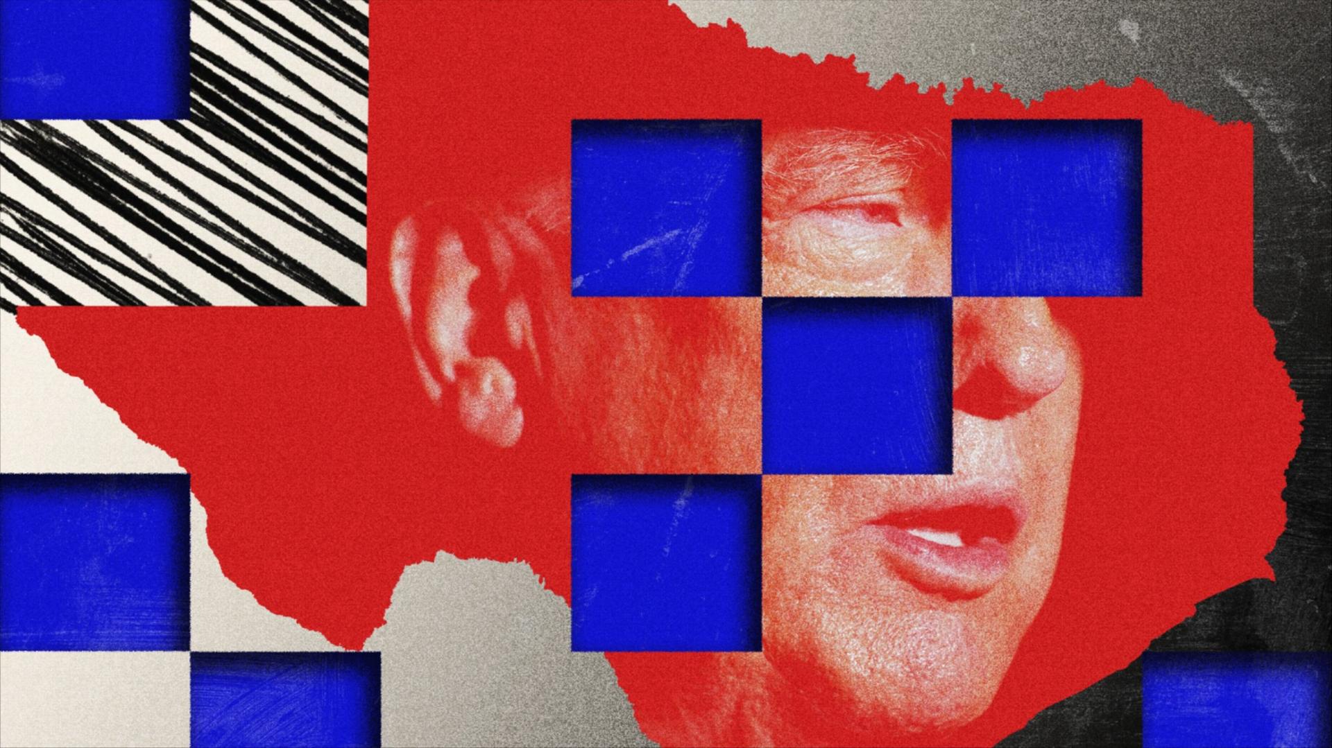 An illustration of Donald Trump set within the outline of Texas, layered over blue squares