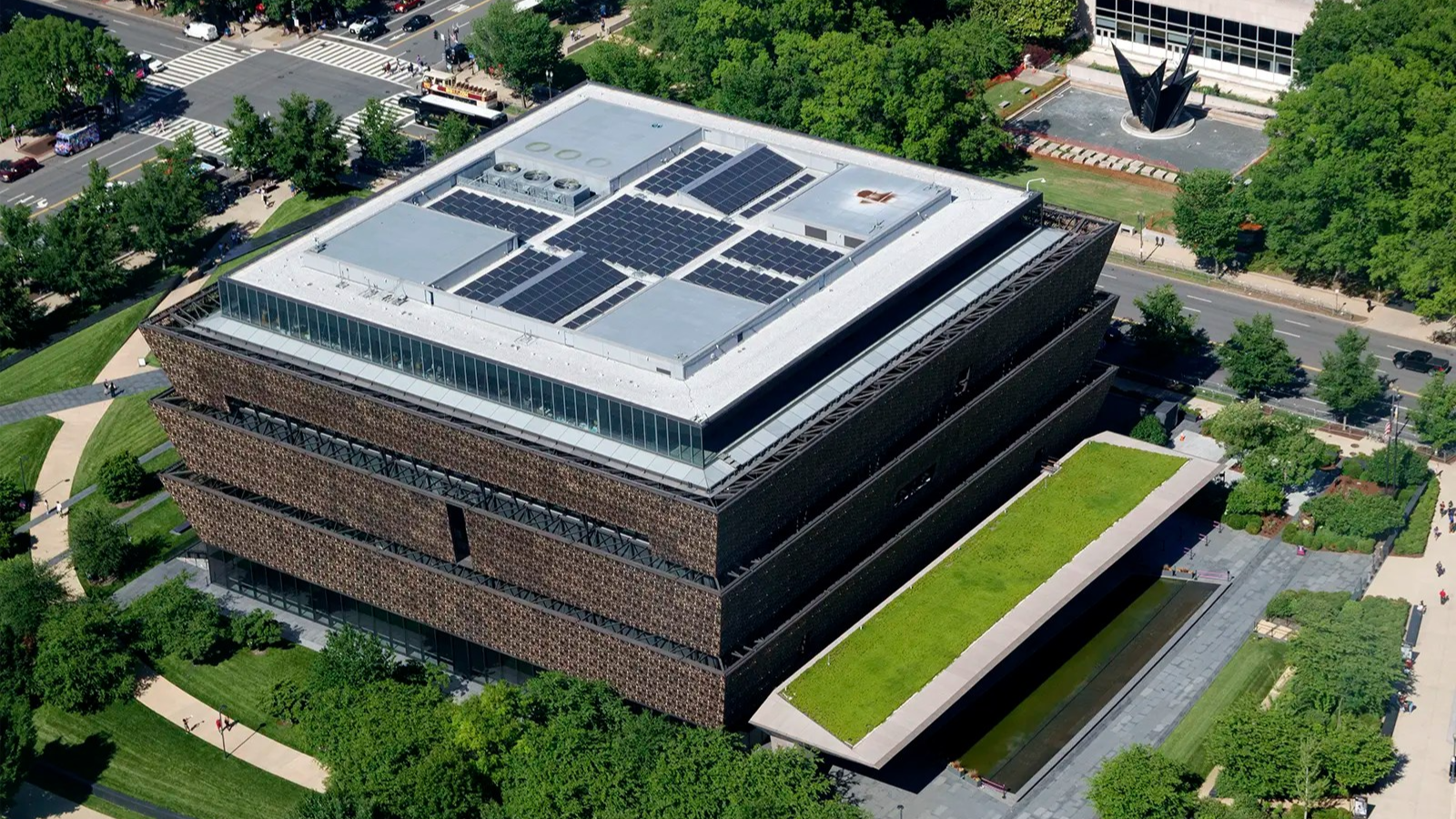The Smithsonian Institution’s National Museum of African American History and Culture is seen from a high angle.