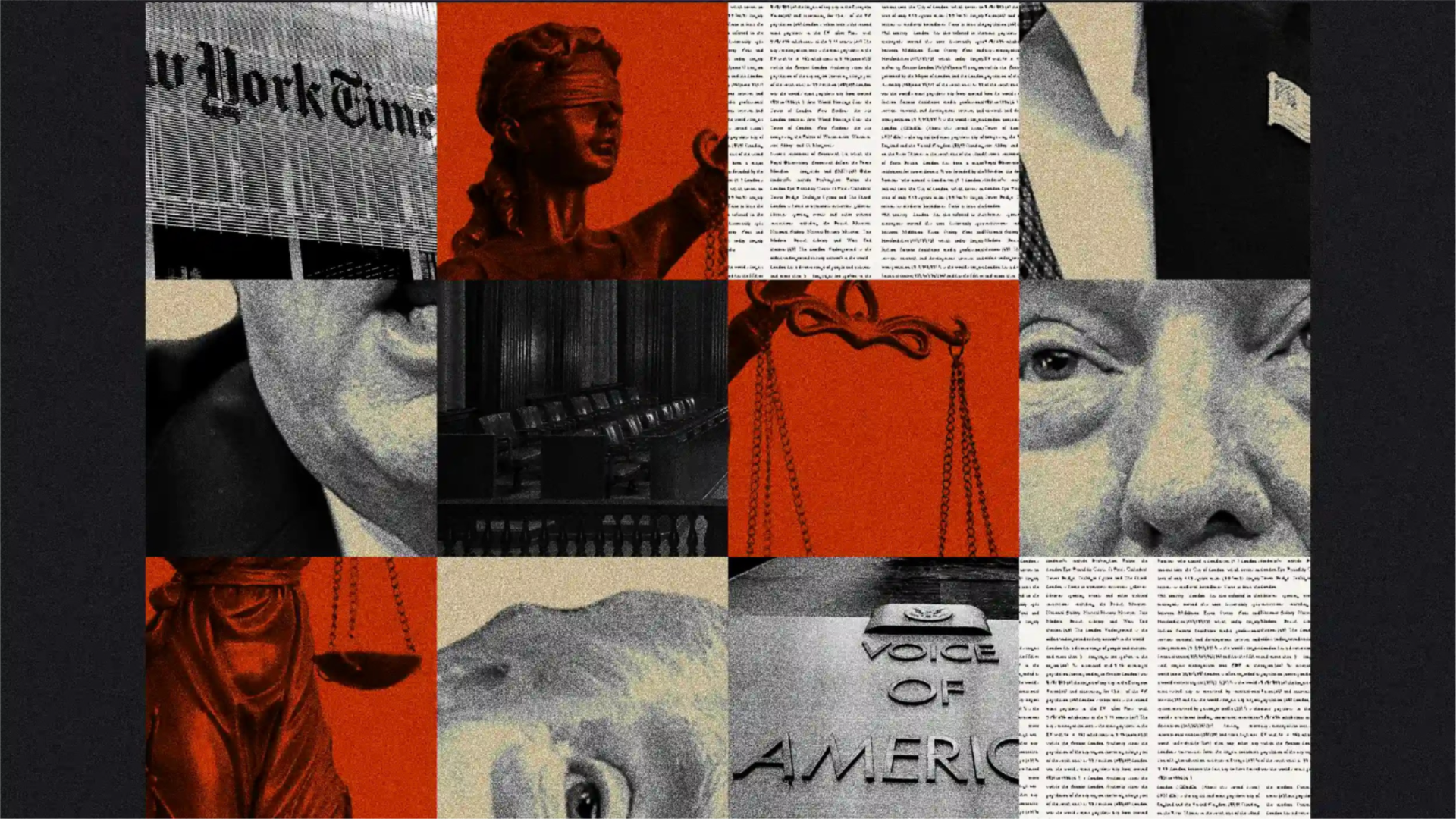 Photo illustration including images of Donald Trump, newspaper print, the New York Times building, the Voice of America building, and a statue signifying justice