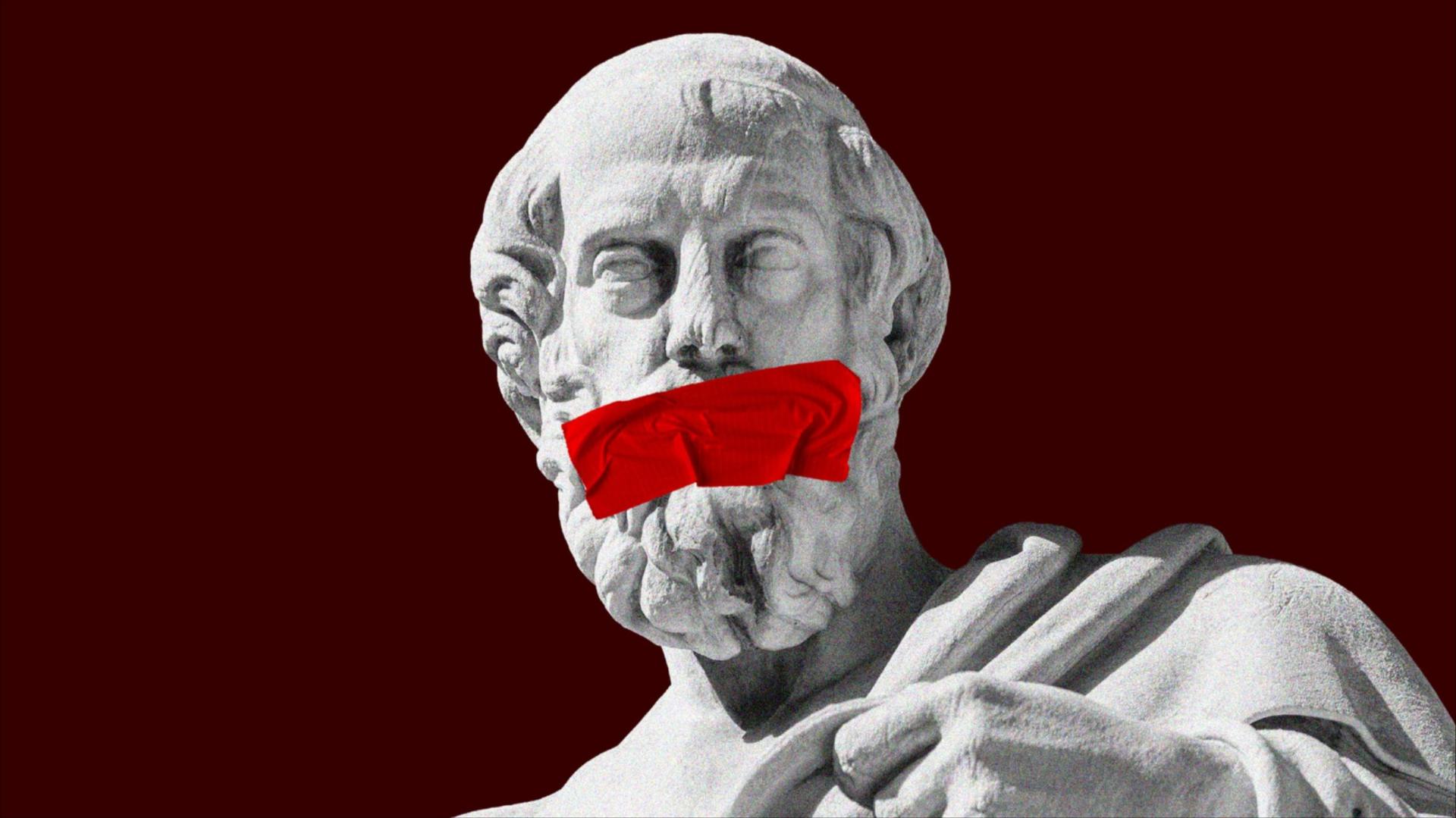 An illustration of Plato with duct tape over his mouth