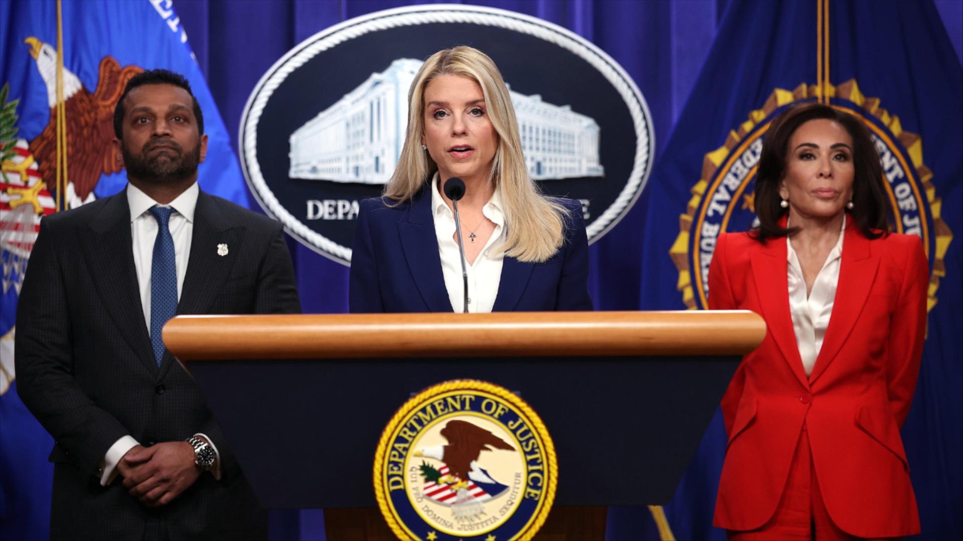 Attorney General Pam Bondi with FBI Director Kash Patel and U.S. Attorney for Washington, D.C. Jeanine Pirro