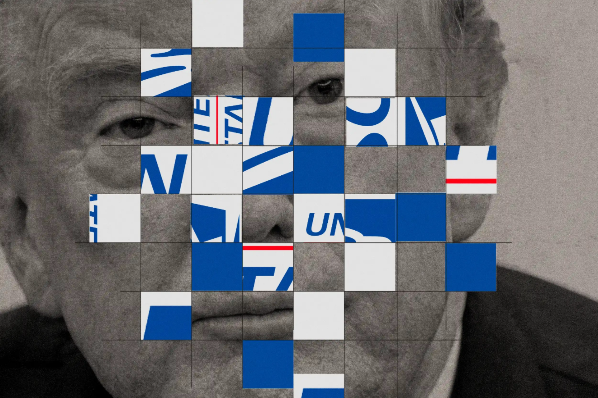 Photoillustration of Donald Trump’s grayscale face overlaid with a grid of blue, white and red USPS cutout graphics.