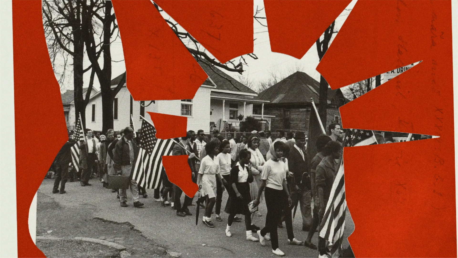 Photoillustration of a red cutout of the Statue of Liberty over a 1965 photo of civil rights marchers carrying American flags from Selma to Montgomery, Alabama.