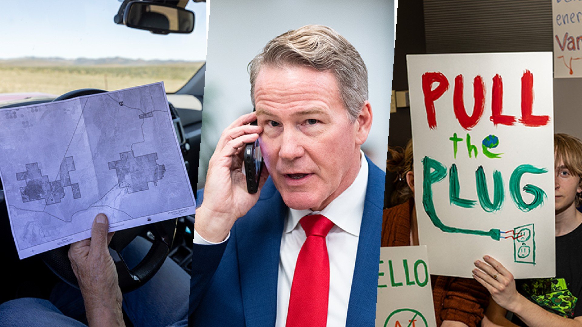 Man on the phone, map and protest sign